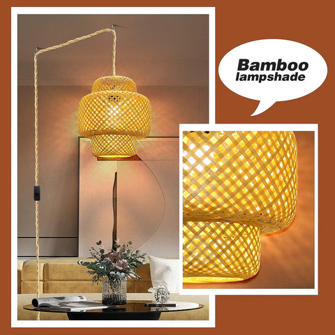Plug In Pendant Light With Rattan Hanging Lights And Hand Woven Bamboo Lampshade, 15ft Hemp Rope, On Off Switch in living room
