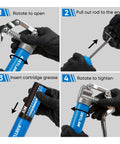 Four-panel front view collage of KRETLAW blue mini grease gun: open, extend rod, insert cartridge, tighten lever.