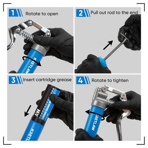 Four-panel front view collage of KRETLAW blue mini grease gun: open, extend rod, insert cartridge, tighten lever.