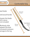 Bark Debarking Tool For Logs With Beveled Blade and 25-inch wood handle, highlighting comfortable grip features and steel blade specs.
