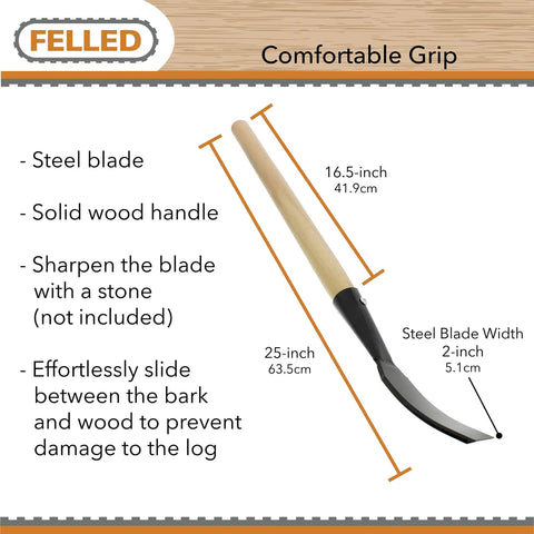 Bark Debarking Tool For Logs With Beveled Blade and 25-inch wood handle, highlighting comfortable grip features and steel blade specs.