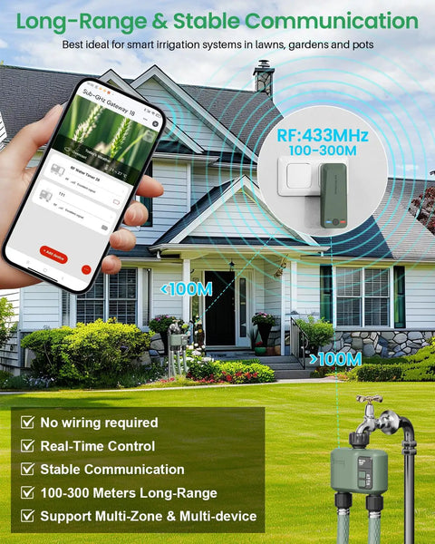 Smart WiFi Hose Timer With 2 Zones, Long Range 984ft RF shown with mobile app control screen in front of house