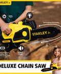 Child using Kids Battery Powered Deluxe Chainsaw Toy For Role Play Realistic Actions And Sounds With Safe Durable Build in Red and Yellow.