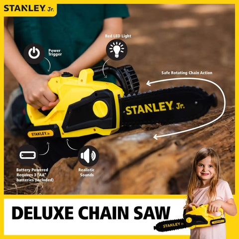 Child using Kids Battery Powered Deluxe Chainsaw Toy For Role Play Realistic Actions And Sounds With Safe Durable Build in Red and Yellow.