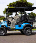Smooth Operator Four Seater Electric Golf Cart Fueled By A Rock Solid 48 Volt 150 Ah Lithium Battery, Blue exterior with black seating and wheels.