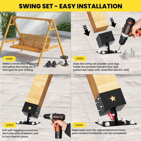 4 Pack Adjustable Swing Brackets For 4x4 Wood Posts Heavy Duty Stainless Steel Swing Set Kit Protects Wood Legs And Increases Stability Beefed Up For Outdoor Patio Garden Black
