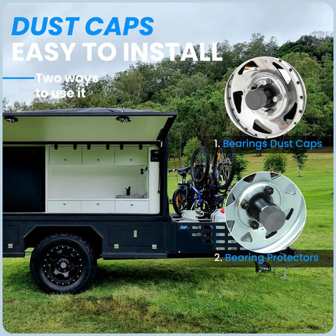 1.98 Inch Grey Rubber Trailer Wheel Hub Dust Caps 4 Pack Replacement Bearing Protectors on trailer field installation view