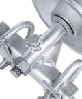 Close-up of sliding gate rollers for chain link gates with rear pipe track wheels and double U bolt, fits one seven eighths inch or one five eighths inch gate frames, durable steel construction for outdoor use, heavy load capacity.