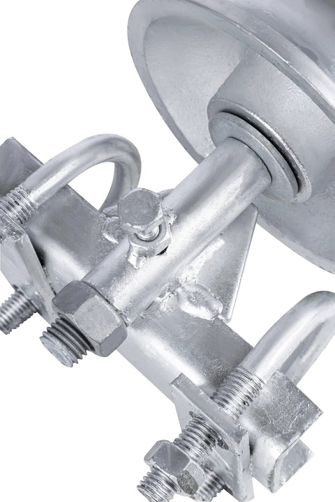 Close-up of sliding gate rollers for chain link gates with rear pipe track wheels and double U bolt, fits one seven eighths inch or one five eighths inch gate frames, durable steel construction for outdoor use, heavy load capacity.
