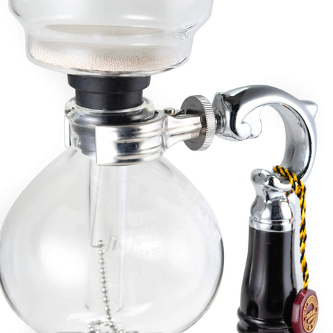 Close-up of Three Cup Tabletop Siphon Coffee Maker With Alcohol Burner Gravity Brew For Clean Rich Smooth Coffee And Aromas Safe Sleek Stand