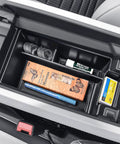 Center Console Organizer 2 Piece Set For Nissan Rogue 2021 2022 2023 2024 2025 2026 Armrest Storage Tray with items inside.