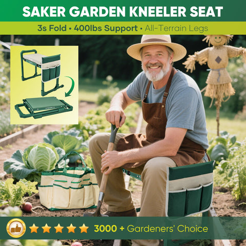 Garden Kneeler And Seat Foldable Gardening Stool With Extendable Legs in use by elderly gardener in outdoor vegetable patch