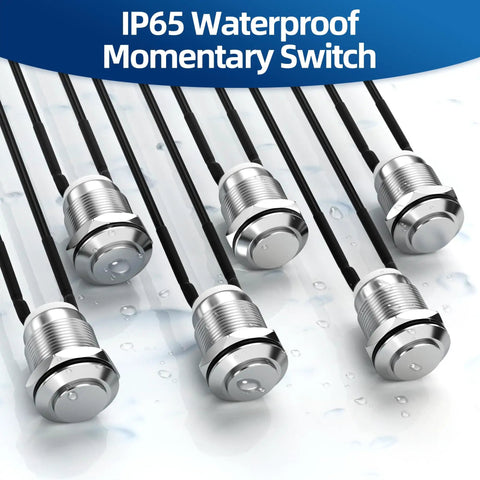 IP65 Waterproof 12V Momentary Push Button Switch 12mm Metal Normally Open SPST 2 Pin for Automotive Marine Electronics