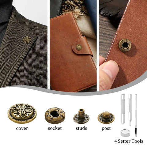 Brass Snap Button Kit 17Mm Snaps Set Of 10 With Leather Fasteners and 4 Setter Tools used on clothes and leather accessories