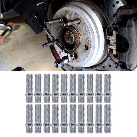 Upgrade Your Ride With 20 Heat Treated Wheel Stud Conversion Adapters, Extended 50mm Length And Robust Zinc Plated Design For Premium Grip On European Cars, Making Installation A Breeze! installed on brake hub, 50mm zinc-plated steel studs pack
