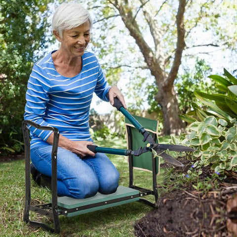 Woman using Heavy Duty Garden Kneeler And Seat With Large Four Pocket Tool Bag Flip Up Bench For Kneeling Or Sitting Thick Durable Frame