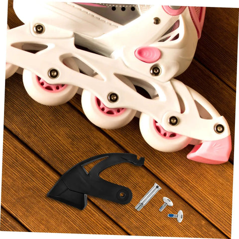 Replacement Inline Skate Brake Kit Universal Toe Stopper with screws on wooden floor next to white and pink inline skate
