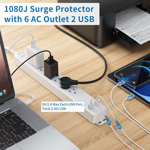 Beefy Heavy Duty 25 Feet Extension Cord Power Strip With Surge Protector on desk with plugged devices