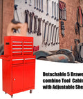 Red heavy duty 5-drawer rolling tool chest on wheels with lockable drawers and keyed entry in a garage setting.
