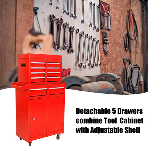 Red heavy duty 5-drawer rolling tool chest on wheels with lockable drawers and keyed entry in a garage setting.