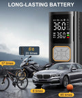 Portable Tire Inflator Air Compressor With 150 PSI Cordless Car Tire Pump Digital Pressure Gauge Auto Shut Off next to bike, motorcycle, car