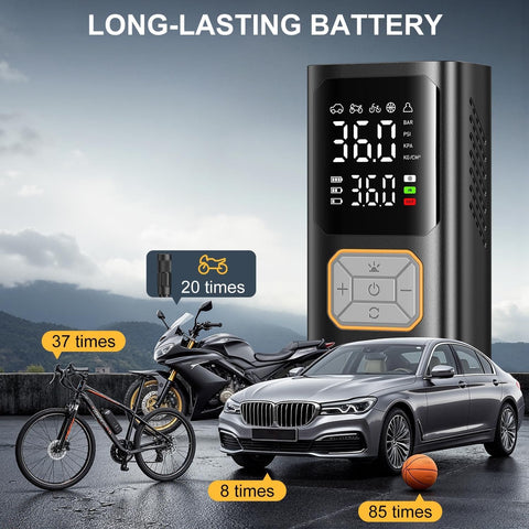 Portable Tire Inflator Air Compressor With 150 PSI Cordless Car Tire Pump Digital Pressure Gauge Auto Shut Off next to bike, motorcycle, car