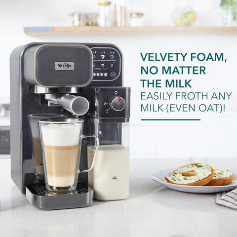 Top Shelf Hassle Free One Touch Espresso And Latte Brewer With Built In Frother, sleek design, glass mug with layered latte.
