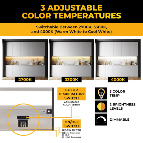 Image displaying Under Cabinet Lighting Kit 24 Inch Satin Finish With 3 CCT Dimmable Options 2700K 3000K 4000K settings and switch.