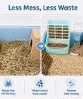 Heavy Duty 2 In 1 Hanging Hay Rack And Water Bottle Combo With Spacious Food Bowl For Bunnies Guinea Pigs Chinchillas And Little Critters Keeping Cages Clean, showcasing a tidy pet enclosure.