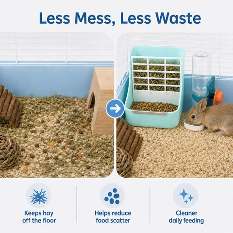 Heavy Duty 2 In 1 Hanging Hay Rack And Water Bottle Combo With Spacious Food Bowl For Bunnies Guinea Pigs Chinchillas And Little Critters Keeping Cages Clean, showcasing a tidy pet enclosure.