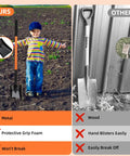 Comparison image with a child using Heavy Duty Garden Shovel With Metal Handle 43.3 Inch Square Shovel, highlighting features over wooden shovel.