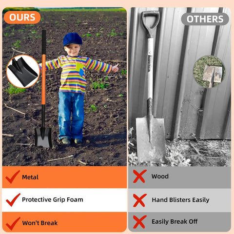 Comparison image with a child using Heavy Duty Garden Shovel With Metal Handle 43.3 Inch Square Shovel, highlighting features over wooden shovel.