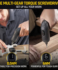 Man using Beast Cordless Screwdriver Kit With 14 Bits, Digital Screen on drone and wood, showing adjustable torque, 0.5Nm to 6Nm.