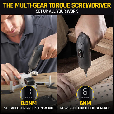 Man using Beast Cordless Screwdriver Kit With 14 Bits, Digital Screen on drone and wood, showing adjustable torque, 0.5Nm to 6Nm.