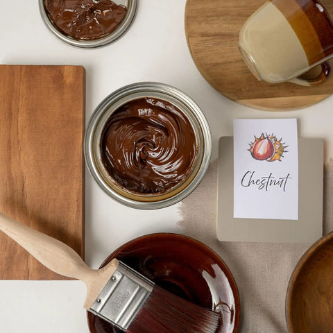 No Sweat Oil Base Gel Stain In Chestnut shown in a jar with a brush, perfect for DIY projects and enhancing wood surfaces.