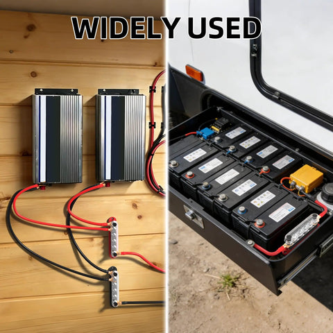 Heavy Duty Power Distribution Bus Bar Pair With Six M10 Studs And Twelve Lugs For Serious Juice Handling In Off Grid Solar Arrays And Ev Conversions Using 12 24 Or 48 Volt Compatibility Plus Rock Solid Copper Build For No Sweat Thermal Control showing installation with batteries and wiring.