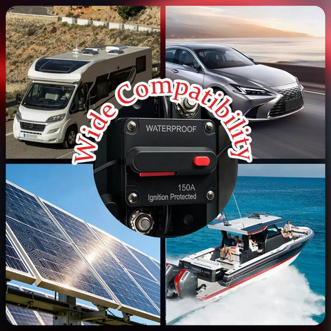 Tough As Nails 150 Amp Dc Circuit Breaker With Waterproof Surface Mount Design, showcasing compatibility with RVs, cars, solar panels, and boats.