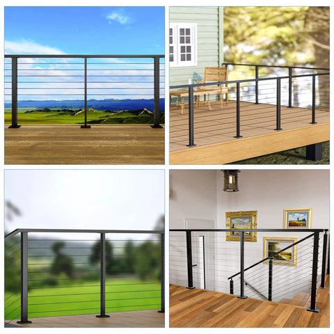 36 Inch Black Rectangular Stainless Steel Cable Railing Intermediate Post With Fixed Top Mount on deck in four settings