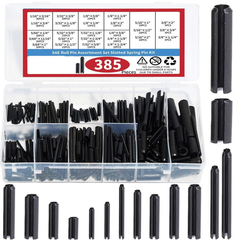 Must Have All Purpose Slotted Spring Dowel Pins And Tension Roll Pins Kit, 385 Pieces, Straight Type, Sizes M1.5 To M6