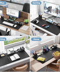 Four setups with Six In One Magnetic Desk Pad With DIY Modular Storage For Phone And Tablet Stand, Cup Holder, Pen Card Holder.