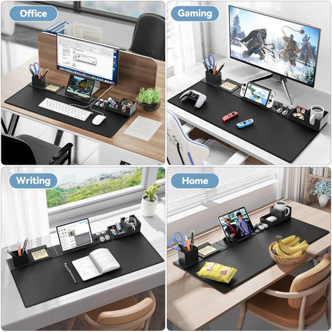 Four setups with Six In One Magnetic Desk Pad With DIY Modular Storage For Phone And Tablet Stand, Cup Holder, Pen Card Holder.