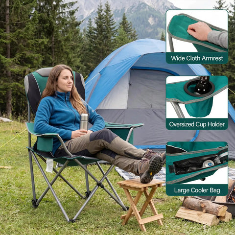 Person relaxing in Two Pack Oversized Camping Chair Set With 3 Level Adjustable Back Ergonomic Lounge, showing cup holders and cooler bag.