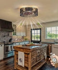 Space Saving 16 Inch Caged Ceiling Fan With Lights Remote Control Matte Black Finish in farmhouse kitchen setting