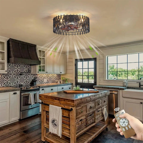 Space Saving 16 Inch Caged Ceiling Fan With Lights Remote Control Matte Black Finish in farmhouse kitchen setting