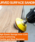 64 Piece 2 Inch Sanding Disc Pad Kit with hook and loop backing shown sanding curved wood surface with drill tool.