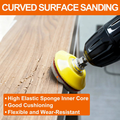 64 Piece 2 Inch Sanding Disc Pad Kit with hook and loop backing shown sanding curved wood surface with drill tool.