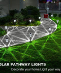 Solar Pathway Lights Outdoor IP65 Waterproof Stainless Steel Landscape Lighting for Yard Patio Lawn Walkway Garden Cool White LED All Weather Durable Construction Easy Install Low Maintenance 6 Pack illuminating a curved garden path at night.