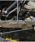 Beefy Blue Adjustable Panhard Track Bar And Lower Control Arm Kit For Fbody Camaro Firebird with close-up of installation under vehicle.