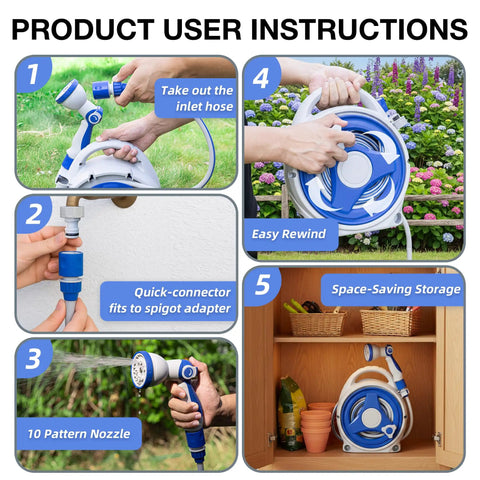 Product instructions for Retractable Garden Hose Reel With 10 Patterns Spray Nozzle, 50Ft Auto Wind Up Hose Holder.