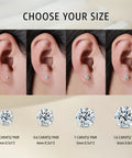 Badass Lab Created Moissanite Stud Earrings With Blazing Fire Sparkle Hypoallergenic Titanium Screw Back Set Up For Heavy Daily Drip And Smooth Flex Real Talk sizes shown on ear models.